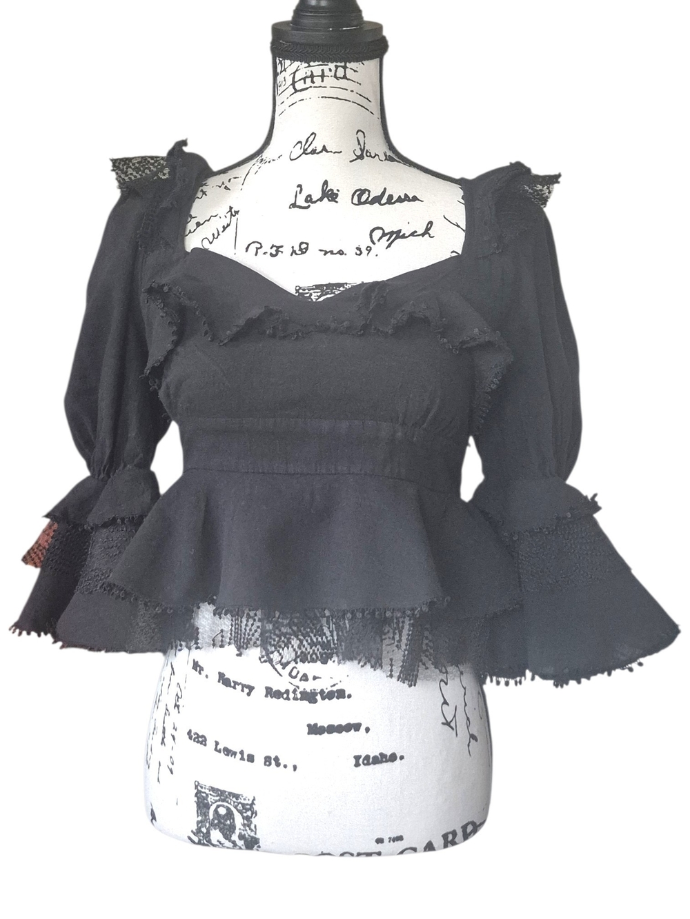 Hot & Delicious Black Lace Peplum Top M Puff Bell Sleeve Romantic Goth Victorian